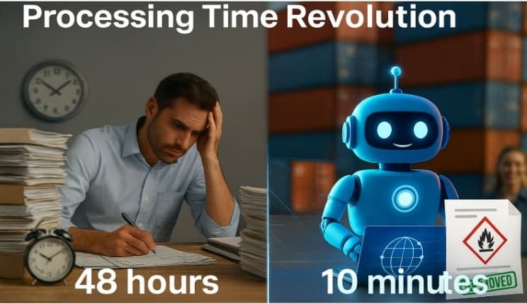 Before-and-after graphic: a stressed clerk with paper stacks labelled 48 hours, versus a friendly AI bot with an approved DG document labelled 10 minutes.