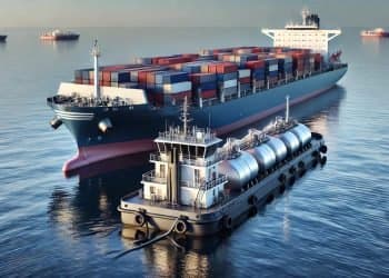 A bunkering barge alongside a container vessel during fuel transfer at anchor.