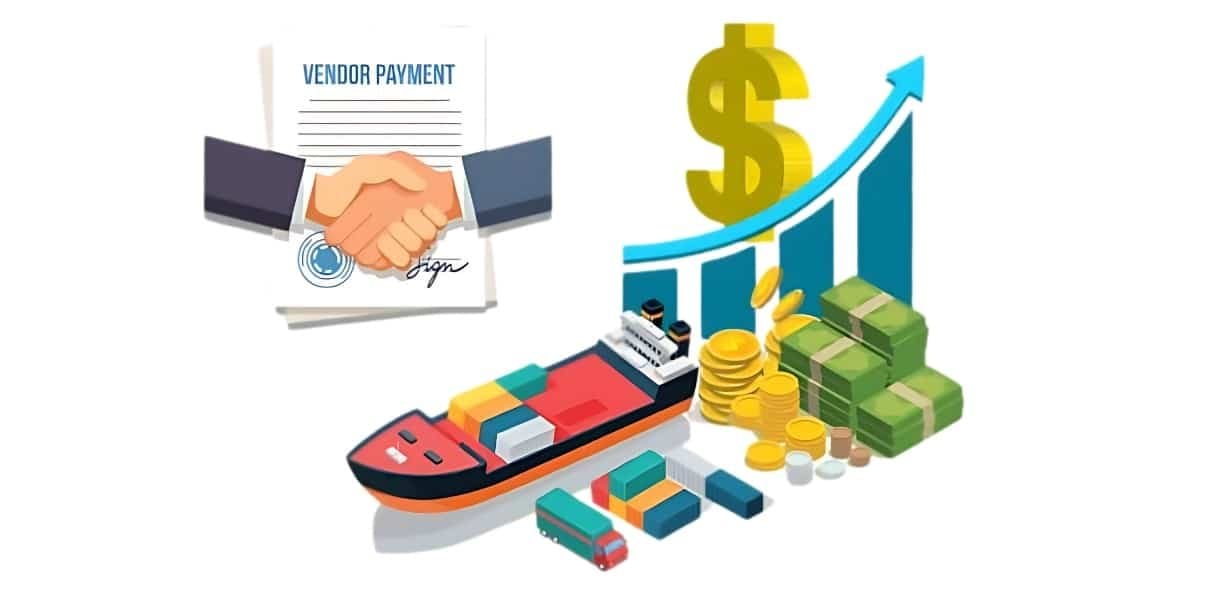 Illustration of a signed vendor payment agreement beside a container ship, coins, and a rising cost chart.