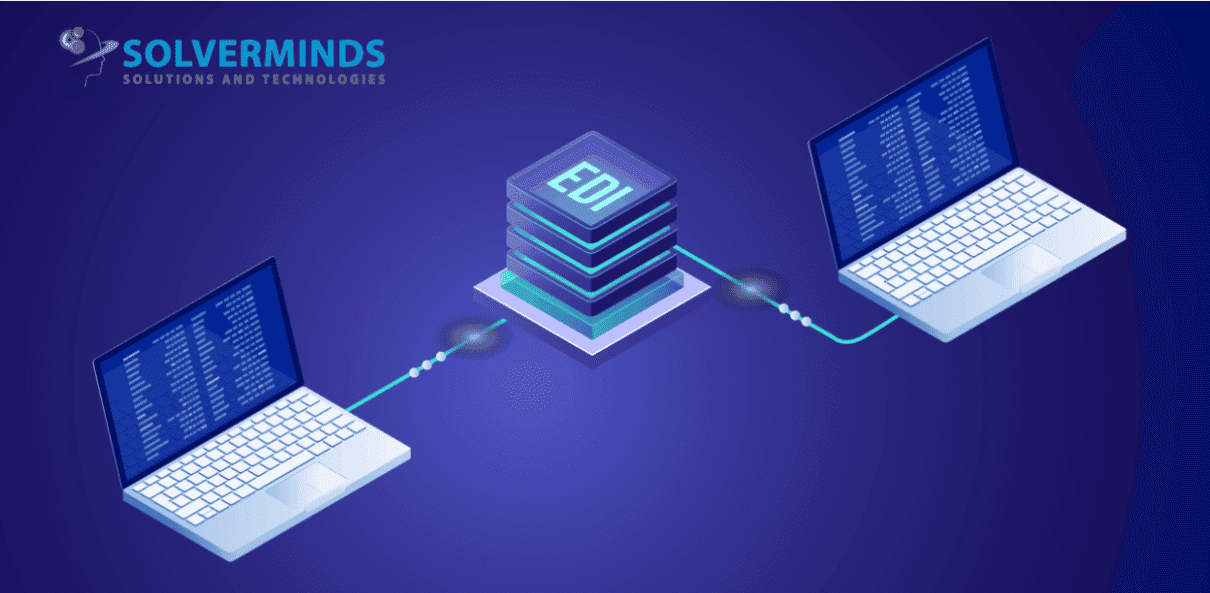 Isometric illustration of two laptops exchanging data through a central EDI stack.