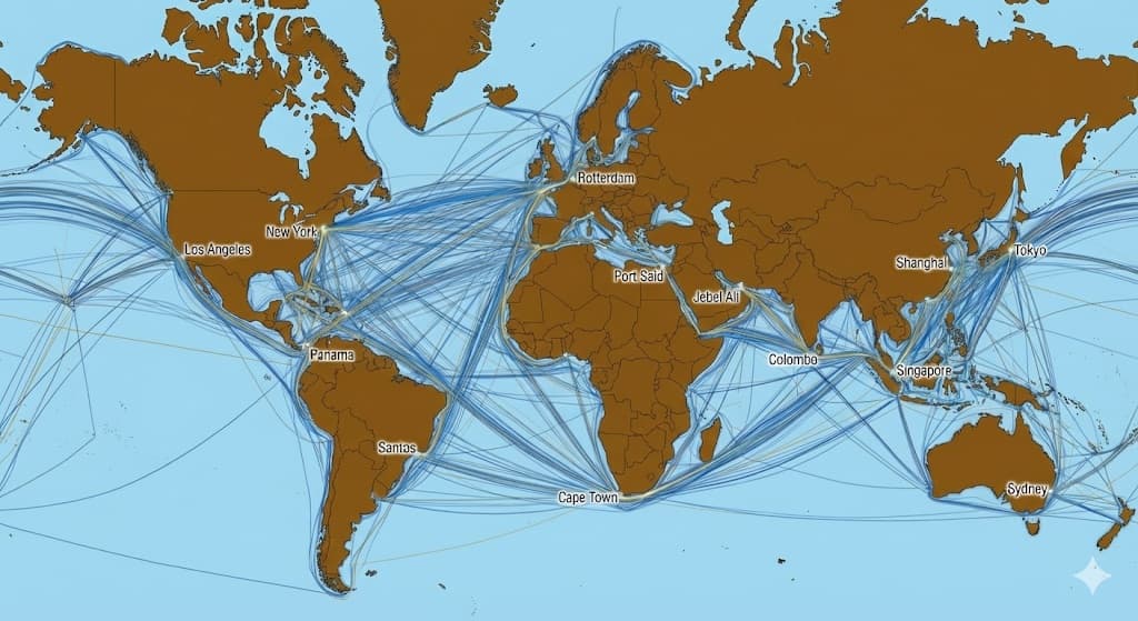 World map showing dense global container trade routes converging on hubs including Singapore, Rotterdam, Shanghai, Jebel Ali and Panama.