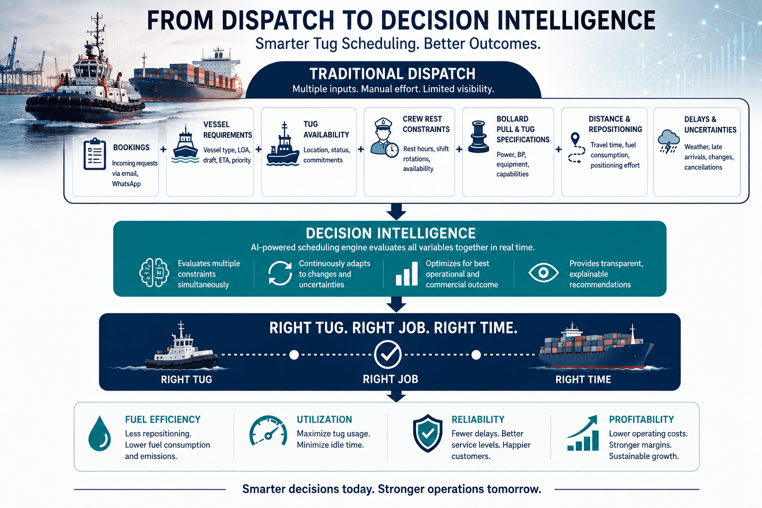 From Dispatch to Decision Intelligence: Smart-Tug moves tug scheduling from manual dispatch, which weighs bookings, vessel requirements, tug availability, crew rest, bollard pull, distance and delays by hand, to an AI engine that evaluates every constraint together and delivers the right tug, right job and right time, improving fuel efficiency, utilization, reliability and profitability