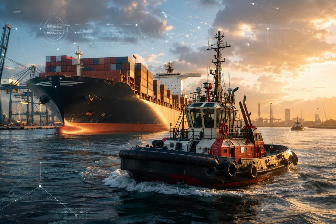 A harbour tug manoeuvring alongside a container ship at dusk